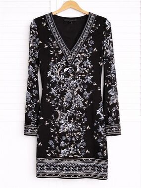 White House Black Market XS Dress Black Embroidered Floral V Neck Long Sleeve